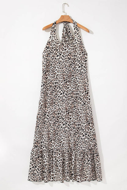 Wild Leopard Halter Neck Backless Ruffled Maxi Dress