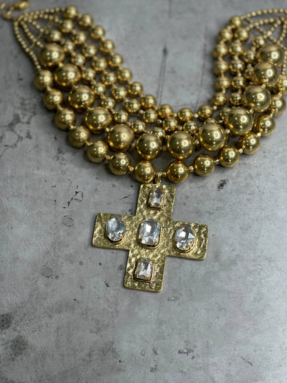 Gold Tone 5 Strand Bead Cross Necklace