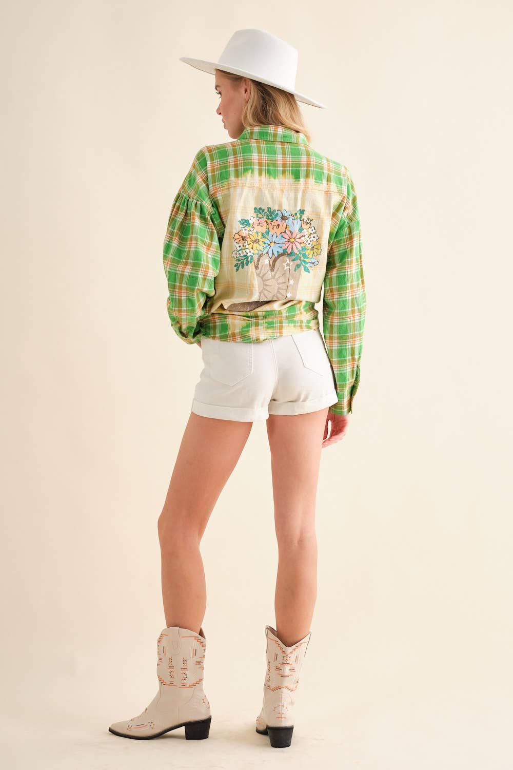 Cowboy Boots Graphic Back Plaid Oversized Shirt: GREEN