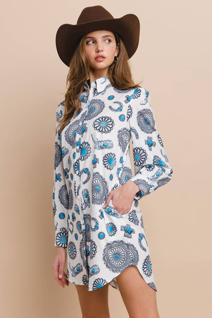 Western Concho Print Button Down Shirt Dress