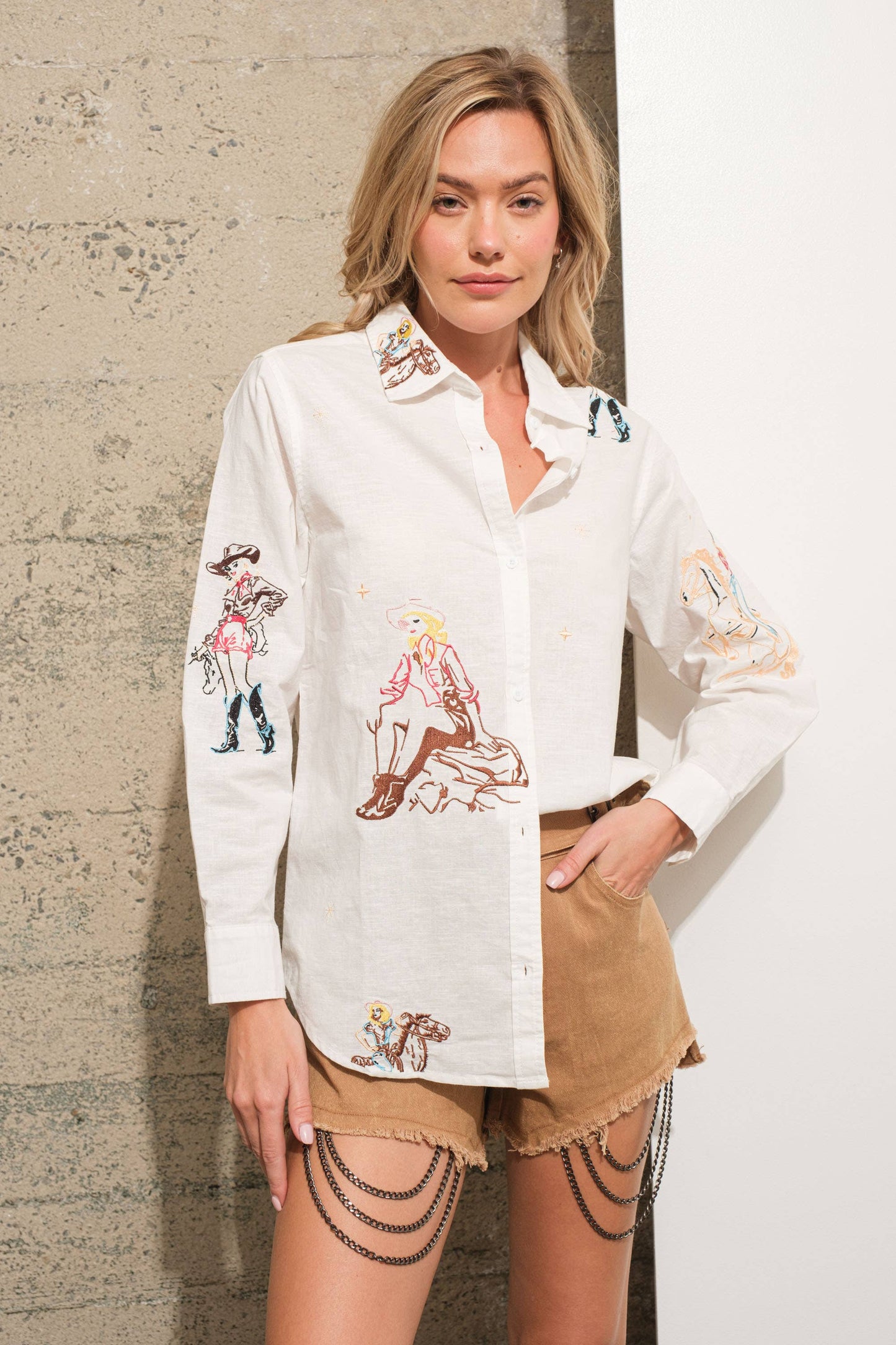 Vintage Cowgirl Motif Button Up Linen Blouse