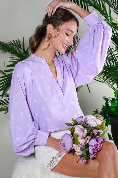 V-Neck All-Over Horse Print Balloon Sleeve Blouse: Lavender