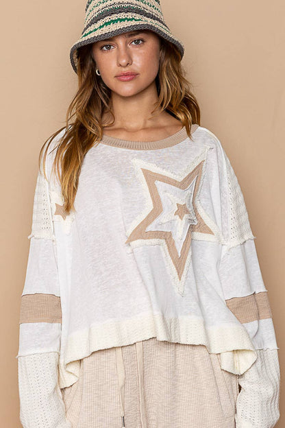 Star patch long sleeve cropped knit top