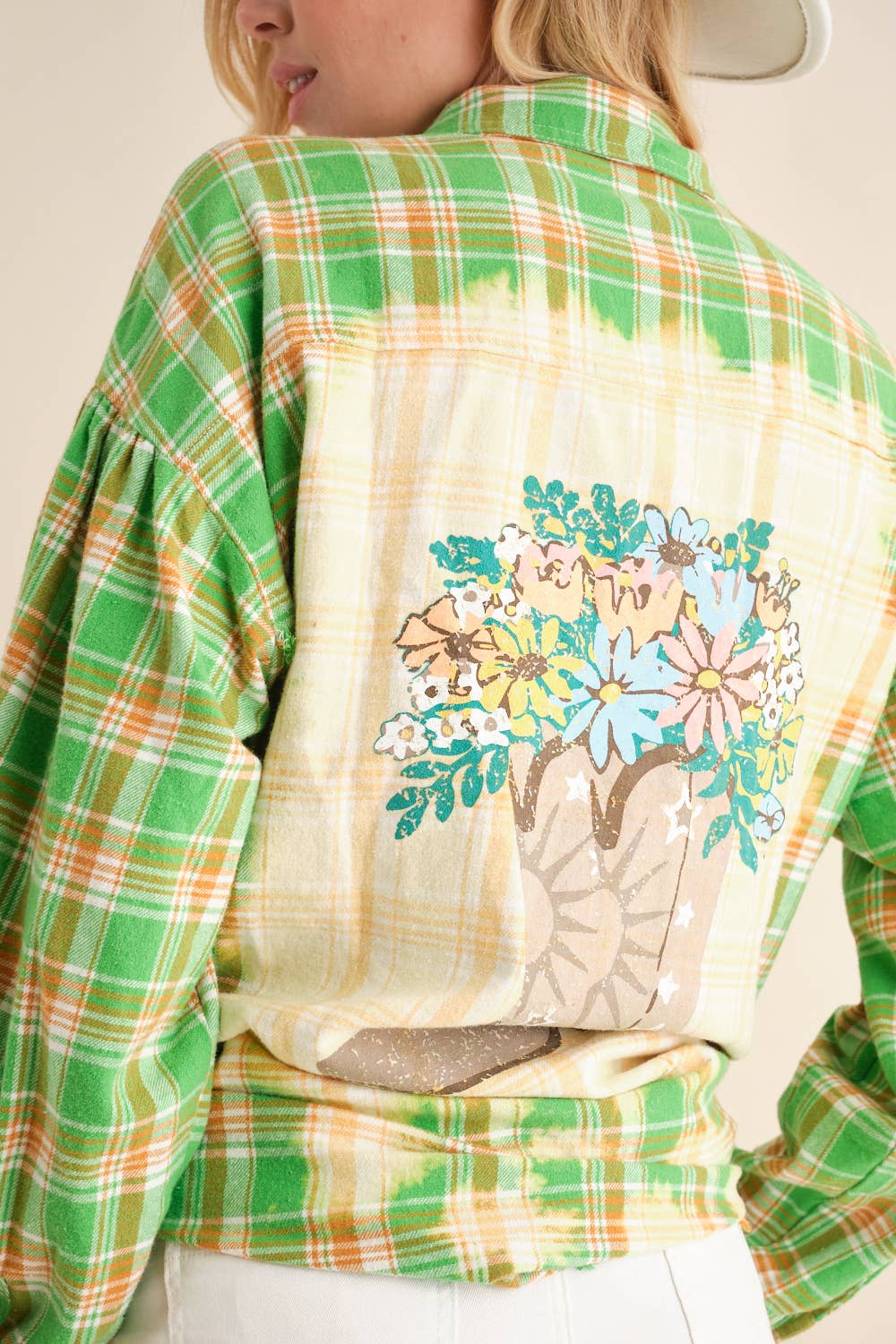 Cowboy Boots Graphic Back Plaid Oversized Shirt: GREEN