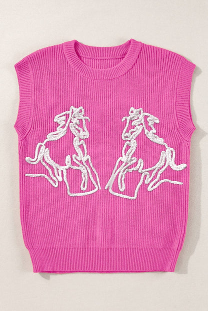 Pink Western Horse Embroidery Sweater Top