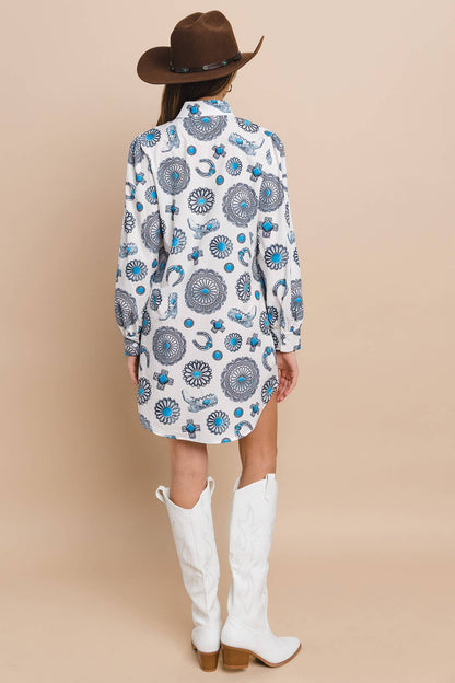 Western Concho Print Button Down Shirt Dress