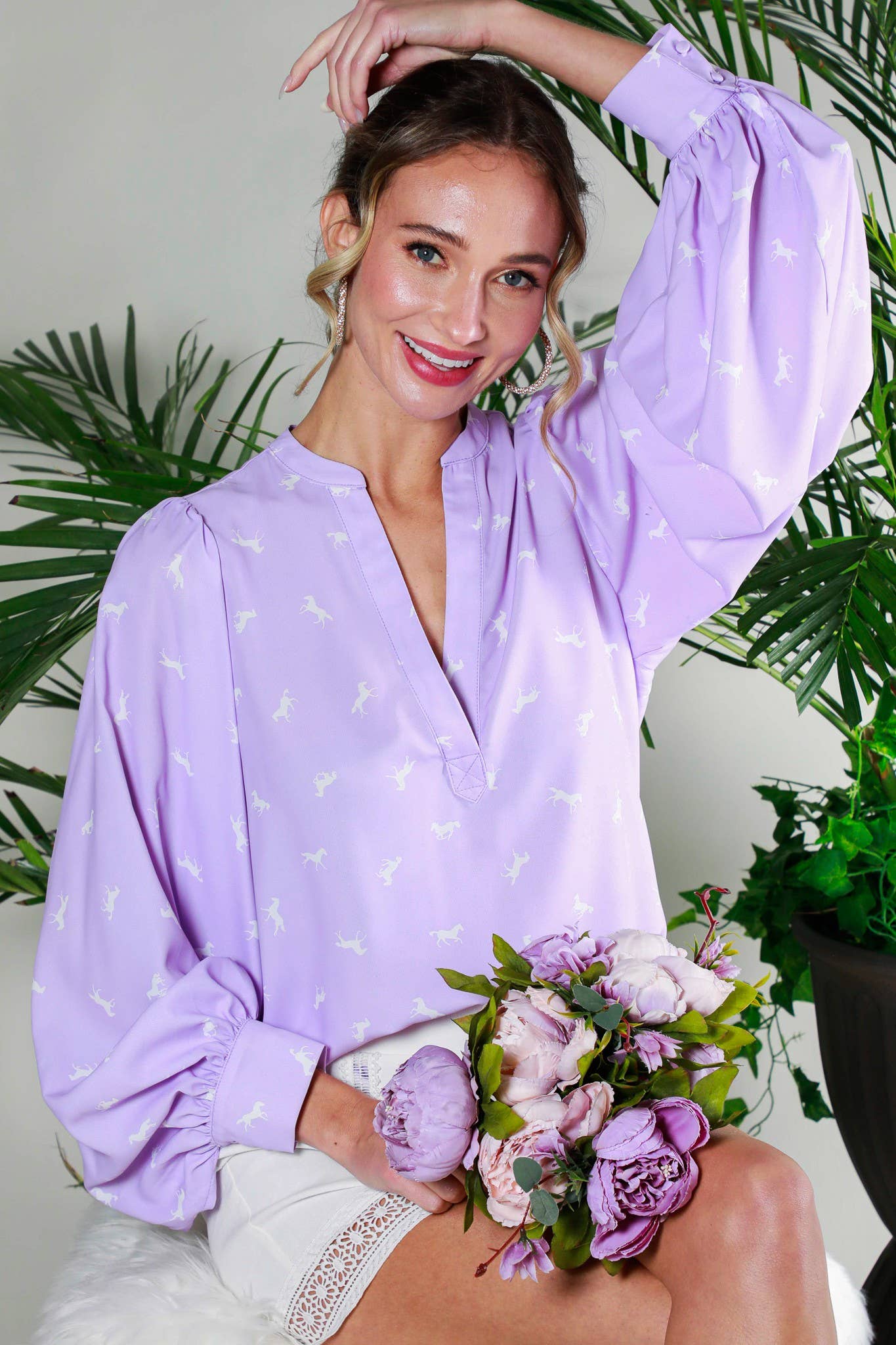 V-Neck All-Over Horse Print Balloon Sleeve Blouse: Lavender