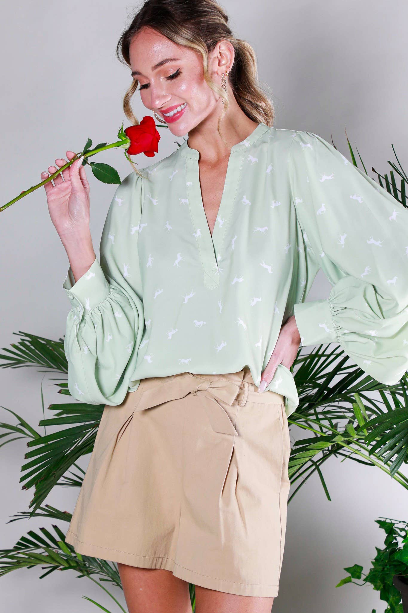 V-Neck All-Over Horse Print Balloon Sleeve Blouse: Sage