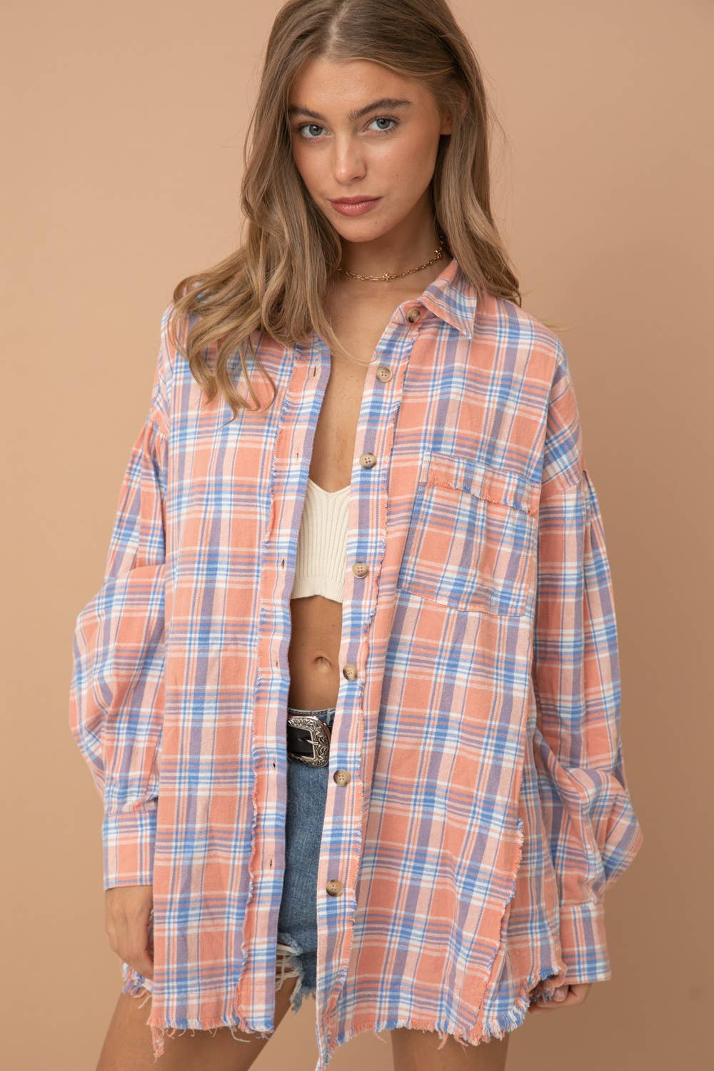 Cowboy Boots Graphic Back Plaid Oversized Shirt:  CORAL ALMOND