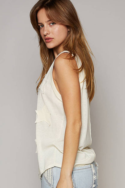 V-neck sleeveless front star patches solid basic top