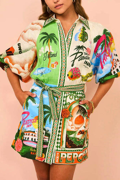 Summer Tropical Summer Print Buttoned Shirt Dress