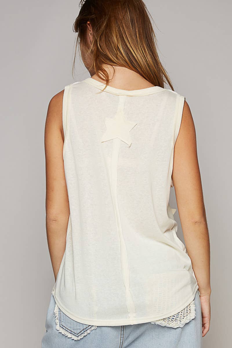 V-neck sleeveless front star patches solid basic top