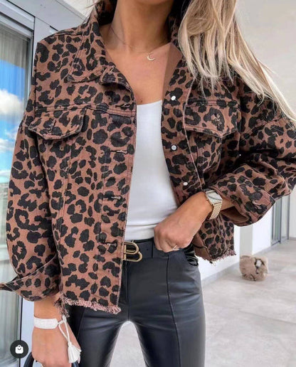 Ladies Long Sleeves Leopard Print Daily Denim Jacket