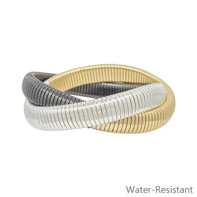 Water Resistant Gold, Silver & Black Ribbed Twisted Bracelet