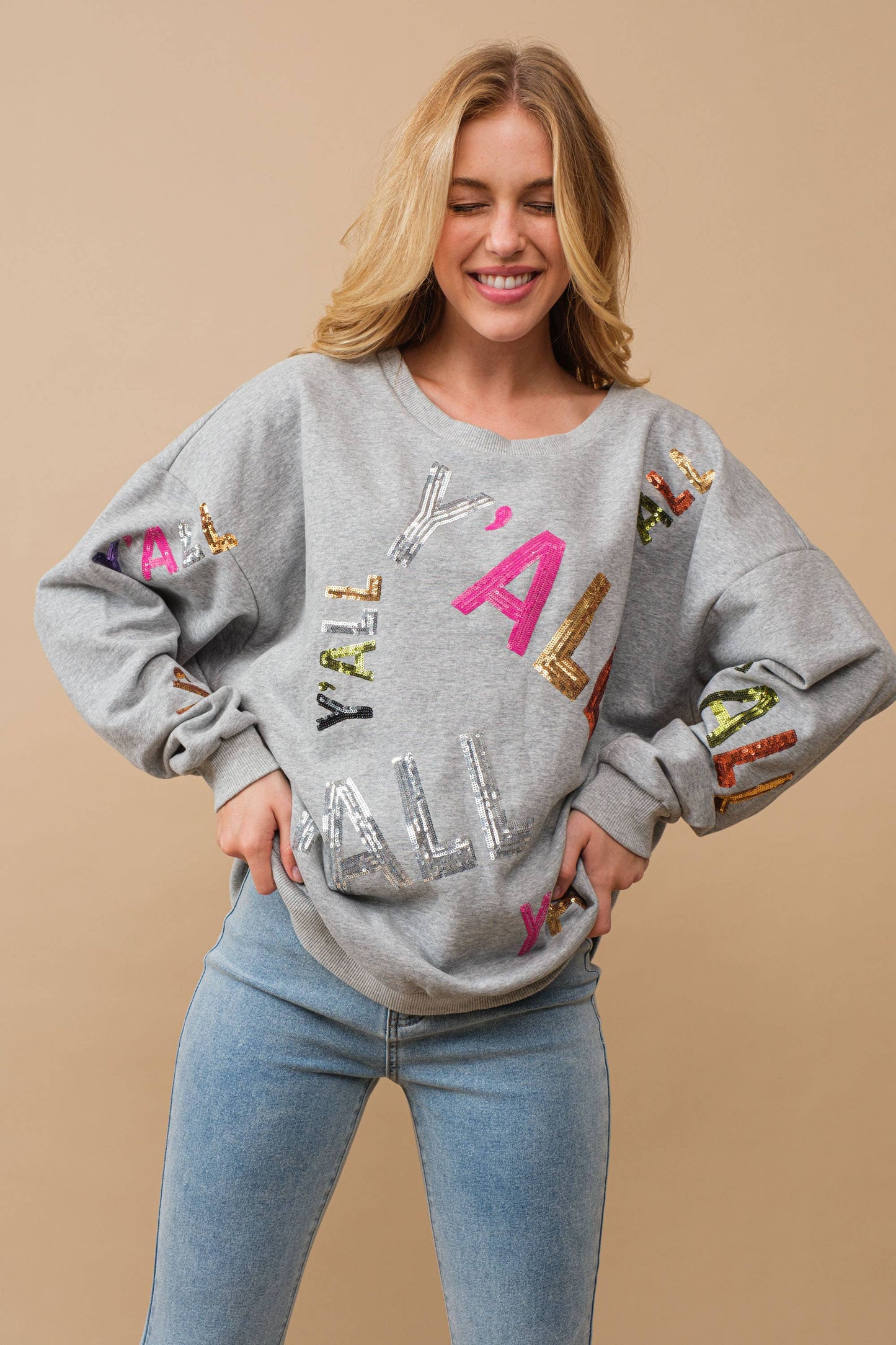 Sequin Embellished Y'all Graphic Sweatshirt