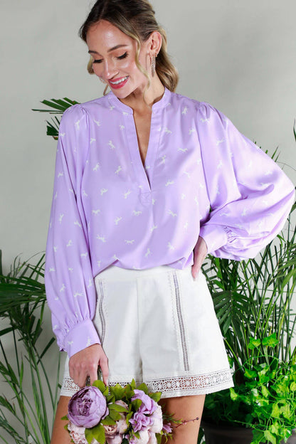 V-Neck All-Over Horse Print Balloon Sleeve Blouse: Lavender