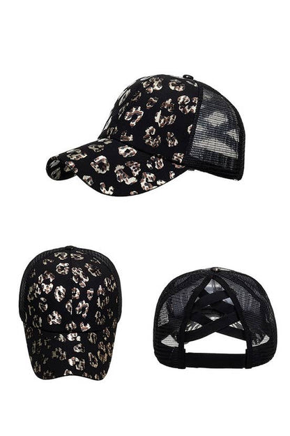 Foil Leopard Cheetah Print Baseball Cap Beige