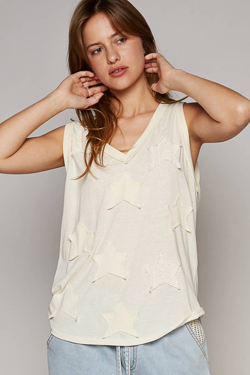 V-neck sleeveless front star patches solid basic top