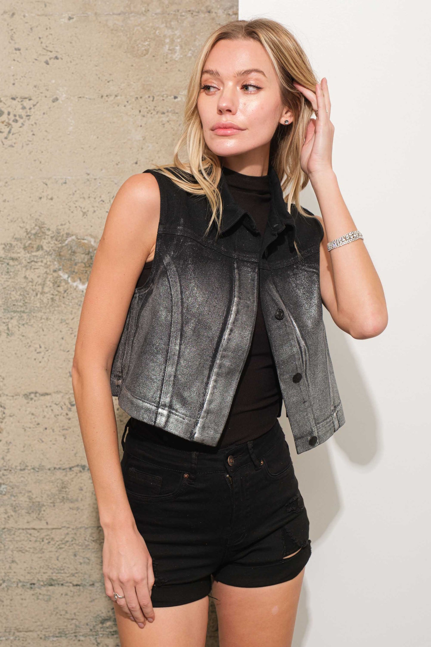 Foil Metallic Coating Denim Vest