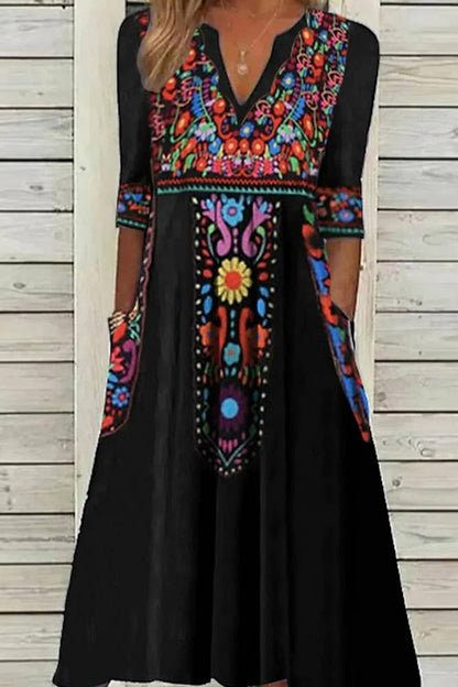 Summer Boho Floral Print V Neck Maxi Dress