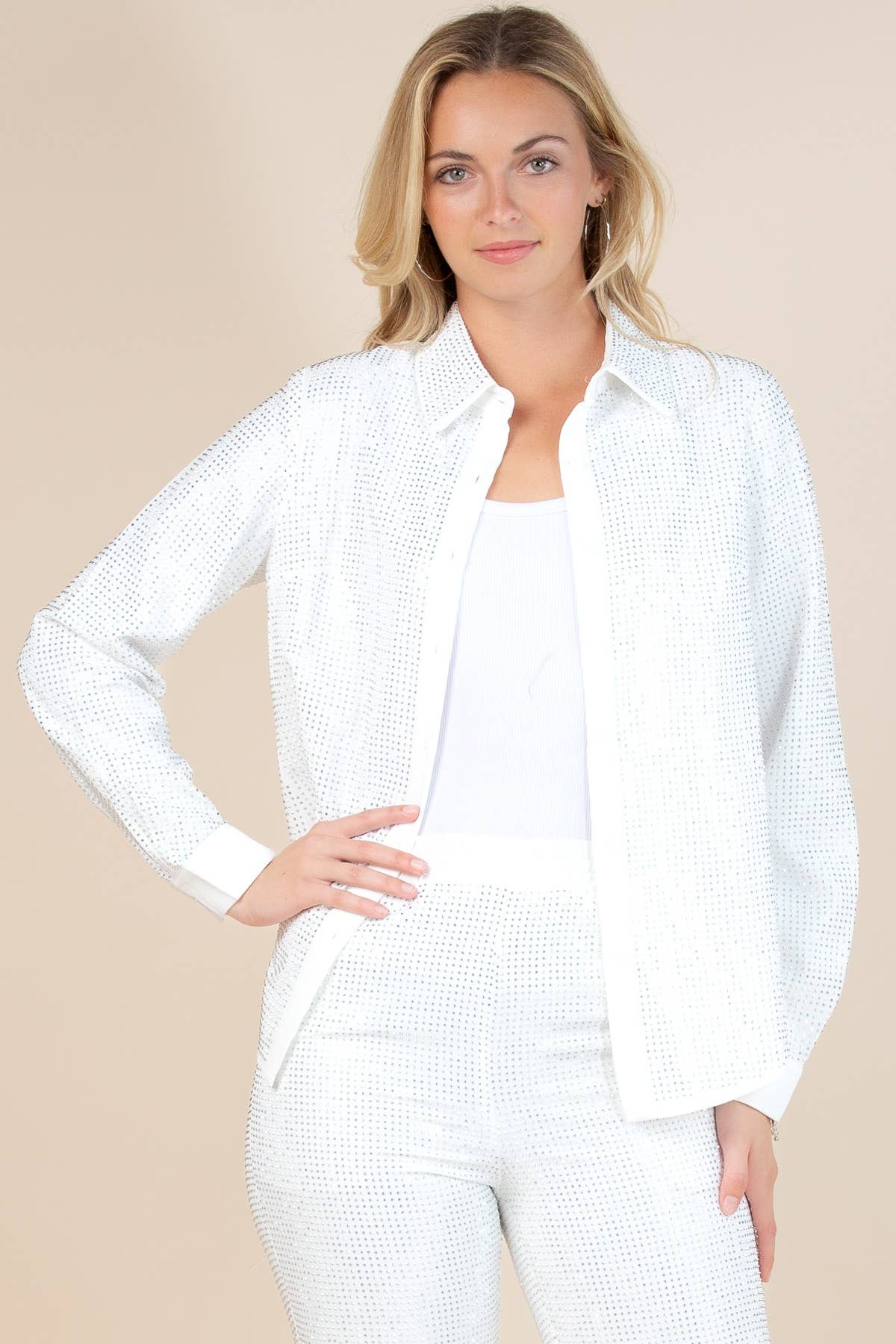 White Sequin Detail Button Down Top