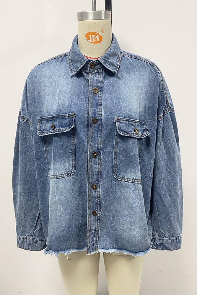 Blue Drop-Shoulder Pocket Retro Loose Fit Denim Shirt