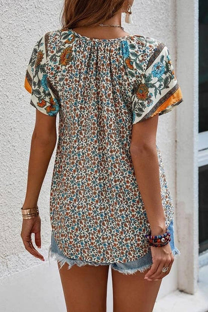 Boho Print Split V Neck Flare Sleeves Blouse