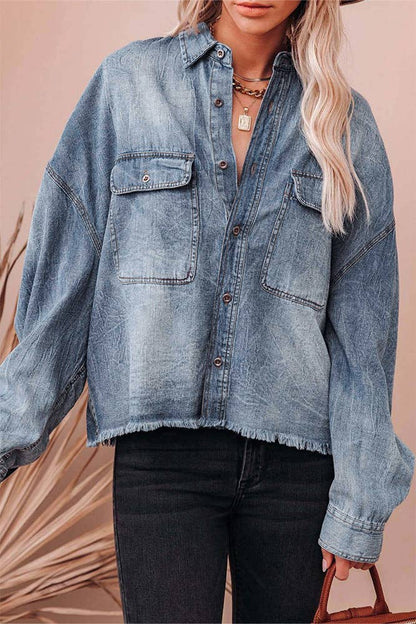 Blue Drop-Shoulder Pocket Retro Loose Fit Denim Shirt