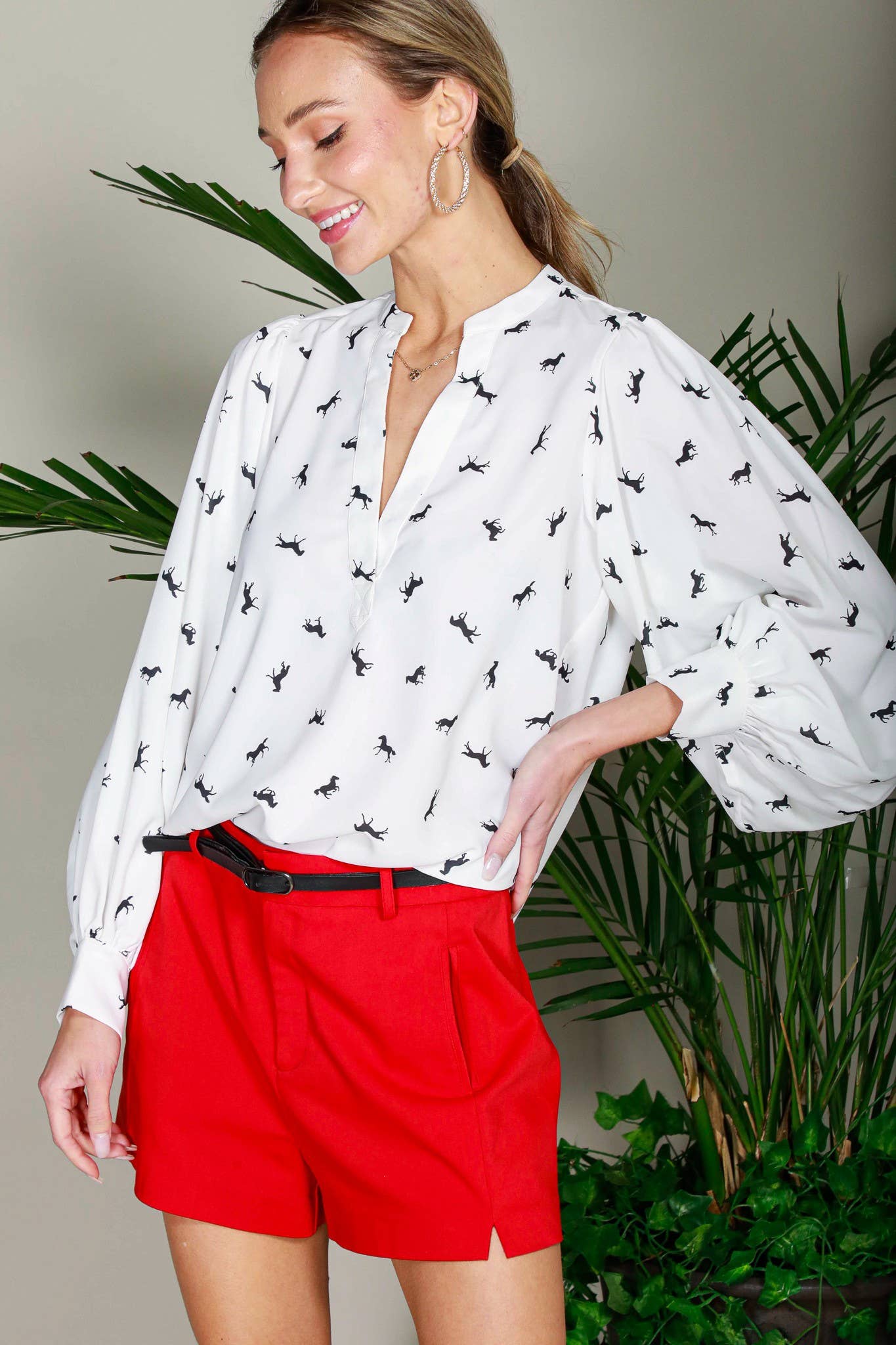 V-Neck All-Over Horse Print Balloon Sleeve Blouse: Sage