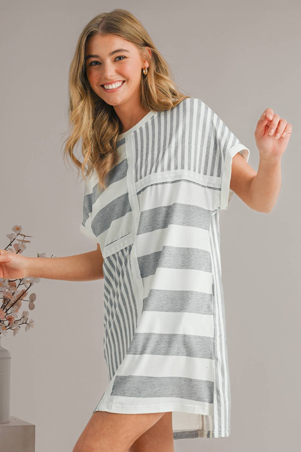 Striped Short Sleeve Shift Mini T Shirt Dress