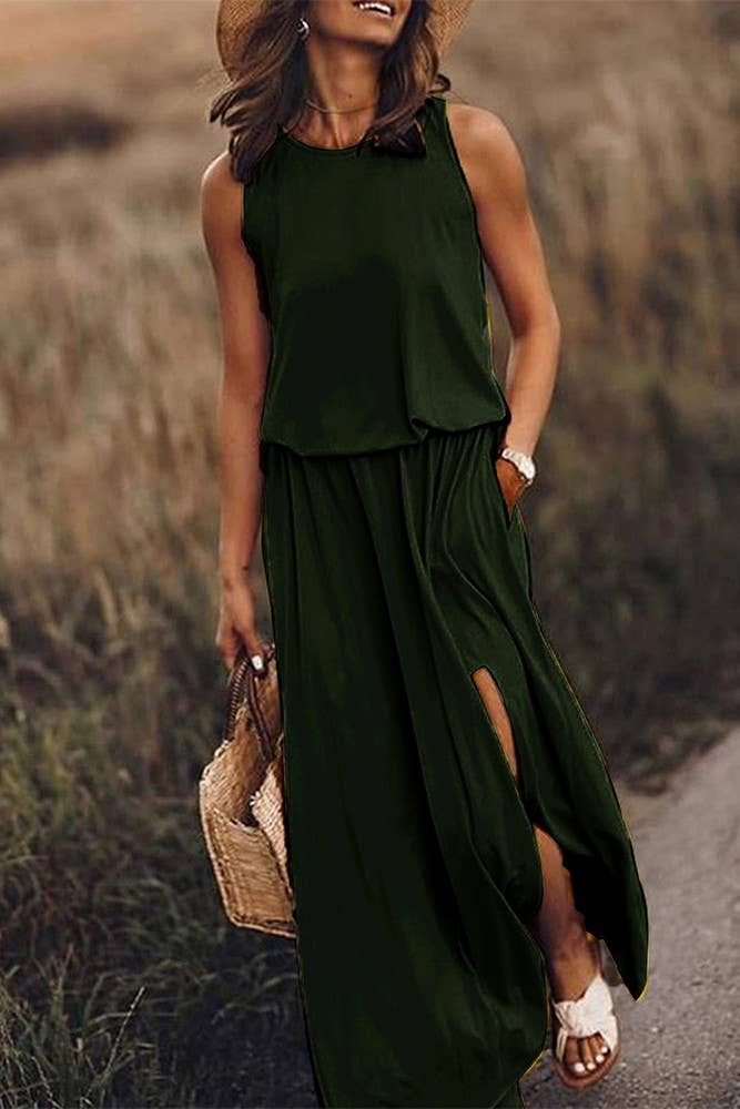 Summer Plain Crew Neck Sleeveless Maxi Dress