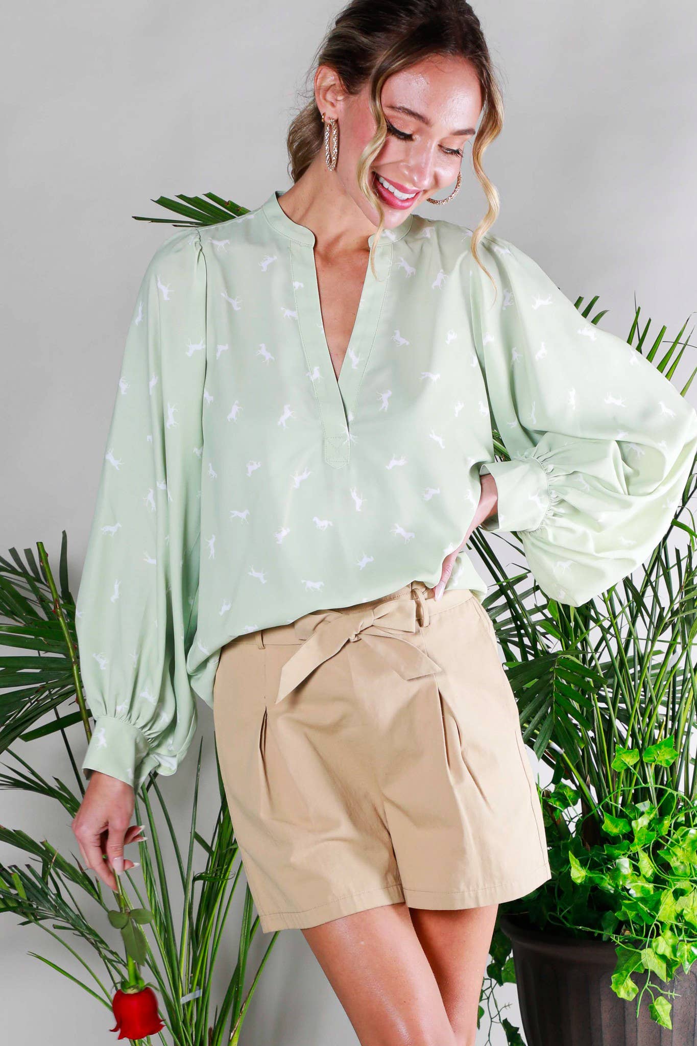 V-Neck All-Over Horse Print Balloon Sleeve Blouse: Sage